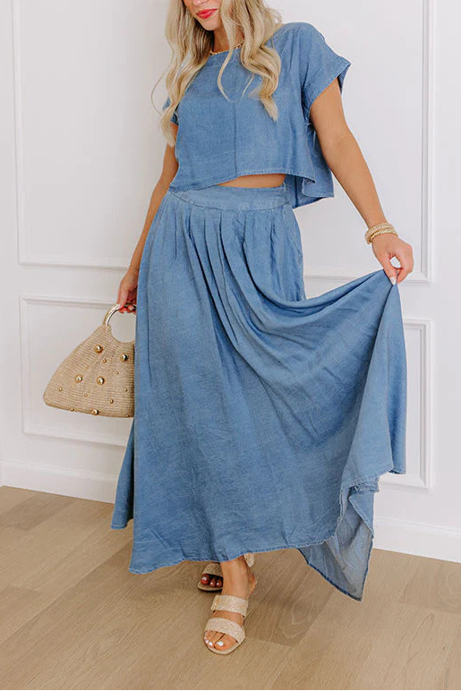 Dandelion Home Gift Farmers Market Stroll High Waist Chambray Midi Skirt