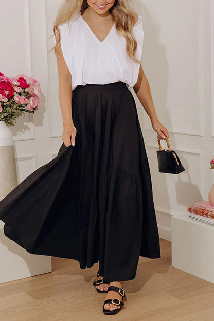 dandelion home gift Giselle High Waist Asymmetrical Tiered Maxi Skirt in Black