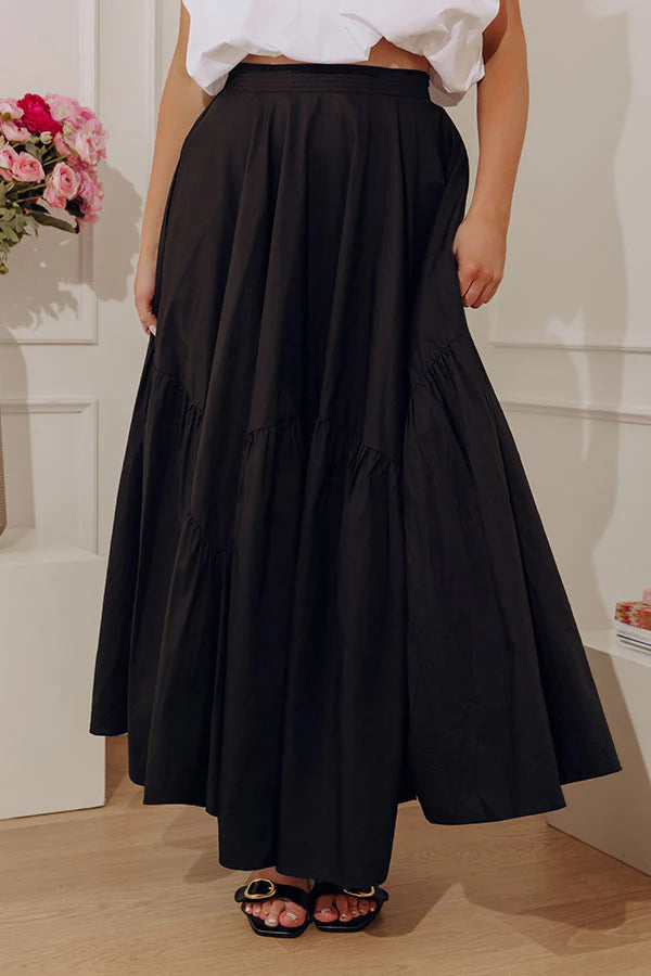 Giselle High Waist Asymmetrical Tiered Maxi Skirt in Black