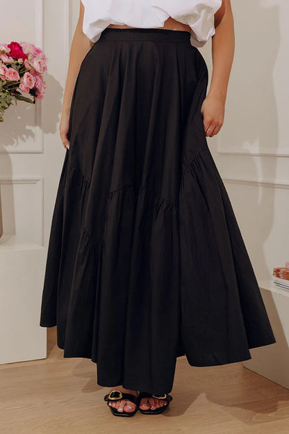Giselle High Waist Asymmetrical Tiered Maxi Skirt in Black
