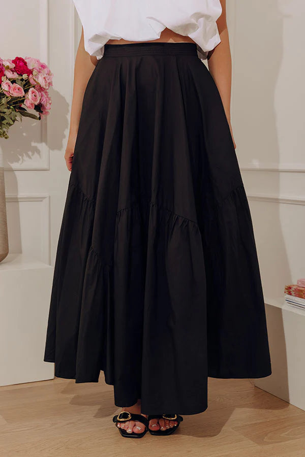 Giselle High Waist Asymmetrical Tiered Maxi Skirt in Black