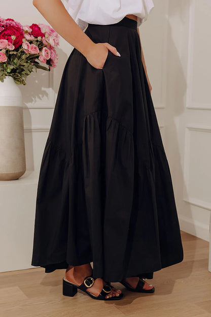 Giselle High Waist Asymmetrical Tiered Maxi Skirt in Black