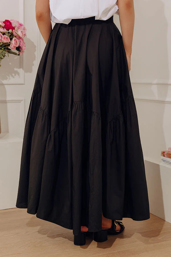 Giselle High Waist Asymmetrical Tiered Maxi Skirt in Black