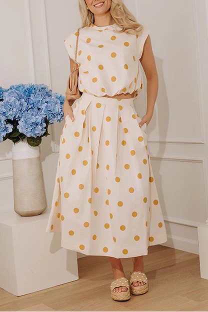 dandelion home gift High Waist Polka Dot Midi Skirt in Mustard