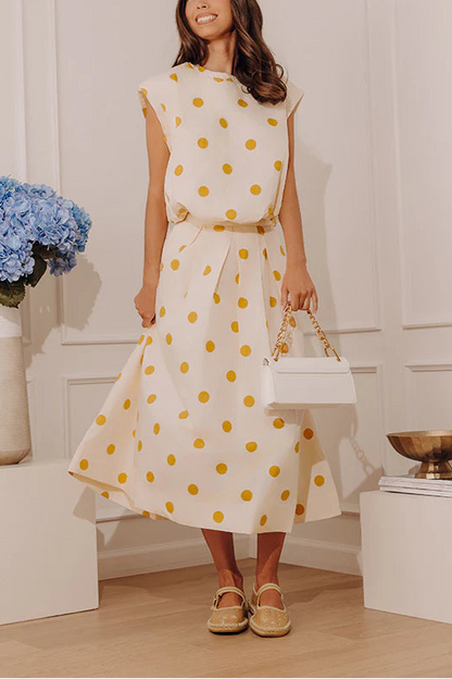 High Waist Polka Dot Midi Skirt in Mustard