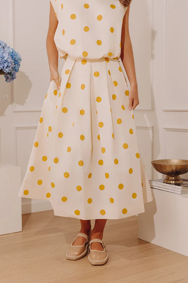 High Waist Polka Dot Midi Skirt in Mustard