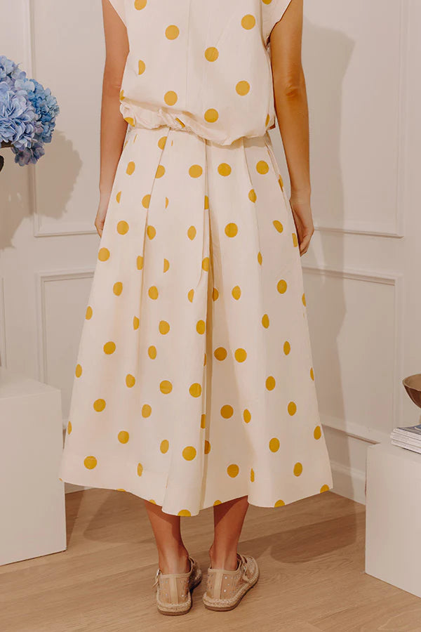 High Waist Polka Dot Midi Skirt in Mustard