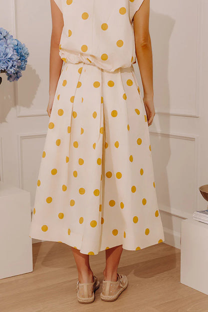 High Waist Polka Dot Midi Skirt in Mustard