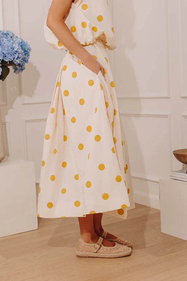 High Waist Polka Dot Midi Skirt in Mustard