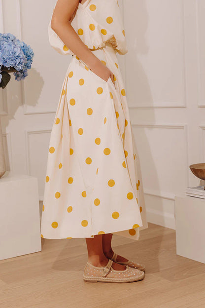 High Waist Polka Dot Midi Skirt in Mustard