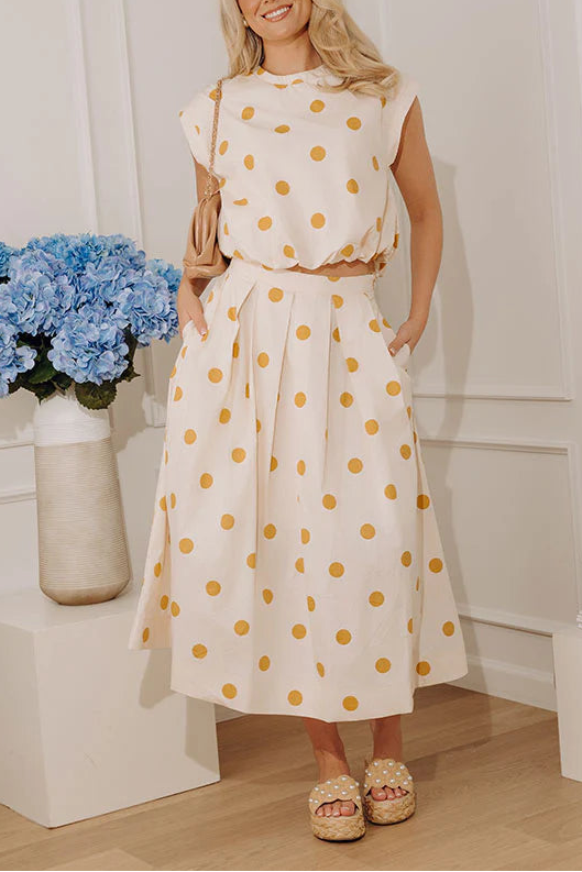 dandelion home gift High Waist Polka Dot Midi Skirt in Yellow