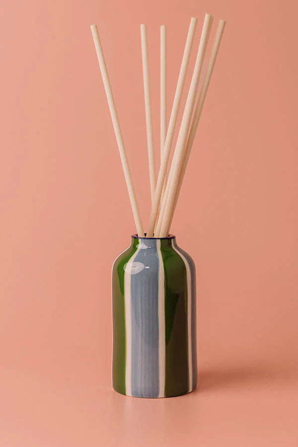 dandelion home gift Misted Lime Reed Diffuser - hand-painted ceramic vessel with green and blue stripes