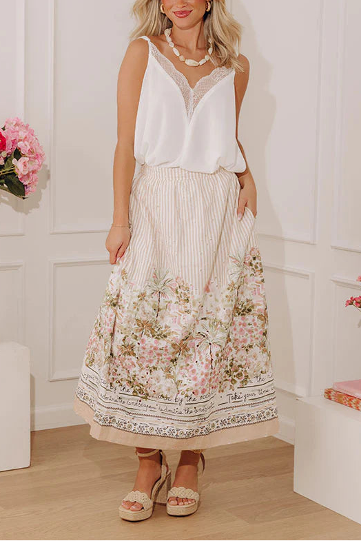 dandelion home gift On The Riviera High Waist Eyelet Stripe Midi Skirt