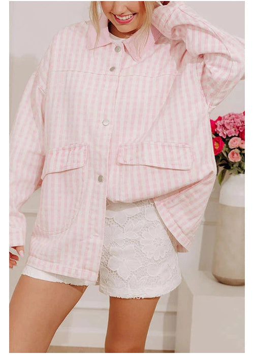dandelion home gift Picnic Date Gingham Denim Jacket in Pink