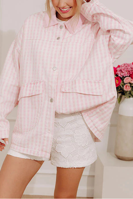 dandelion home gift Picnic Date Gingham Denim Jacket in Pink