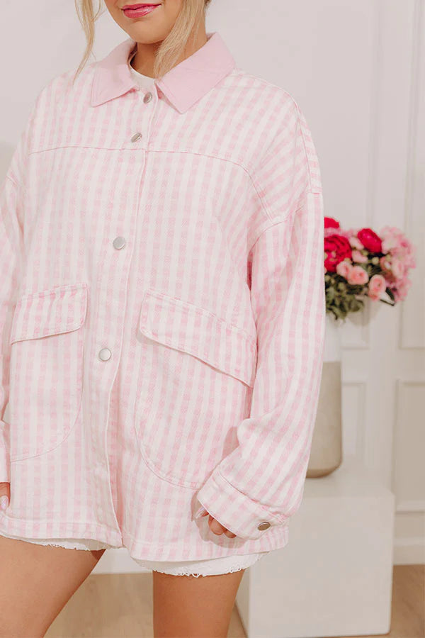 Picnic Date Gingham Denim Jacket in Pink